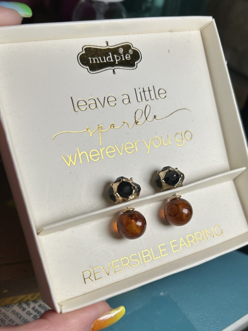 Mud Pie Reversible Stud Earrings Black Crystal Tortoise Ball Gift Box NIB